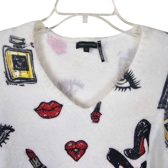 Tricotto Graphic Print Pullover Sweater S White V-Neck Artsy Embellished Beauty - Picture 3 of 9